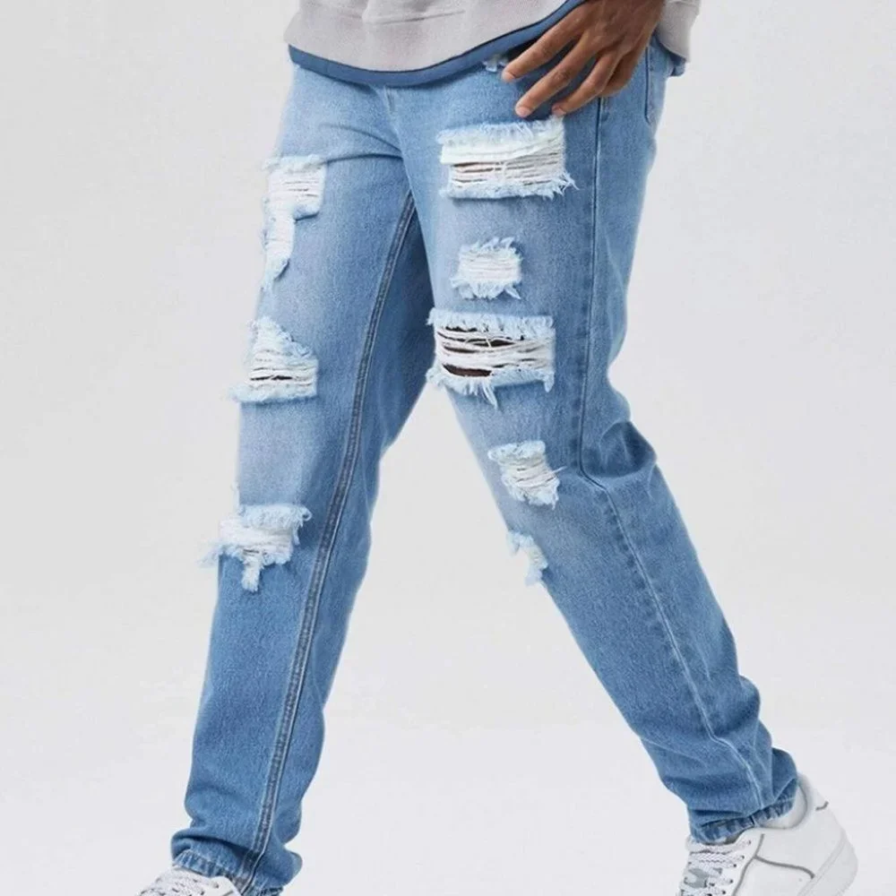 Mens Ripped Frayed Tapered Jeans - Picture 4 of 5